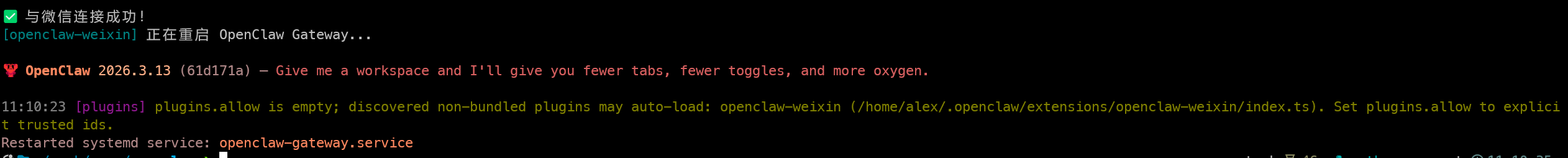 微信插件安装完成时的终端提示