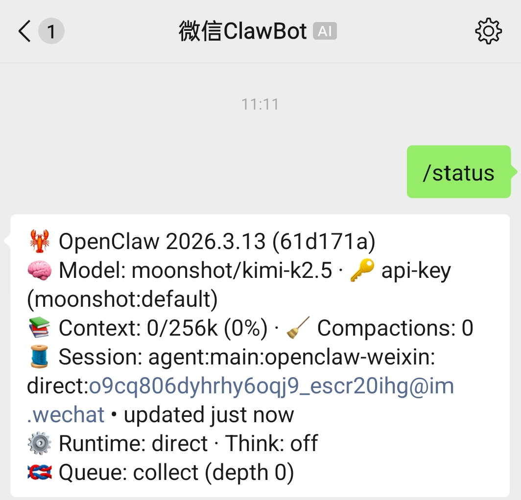 在微信中发送 /status 查看状态