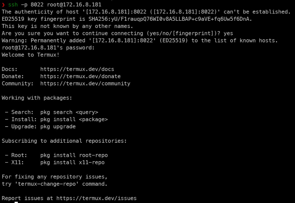 PC 终端通过 ssh -p 8022 登录手机 Termux，出现 Welcome to Termux 横幅