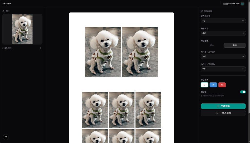 zipress 编辑器 · 混排生成结果（6 寸 / 上半 2 寸 + 下半 1 寸）