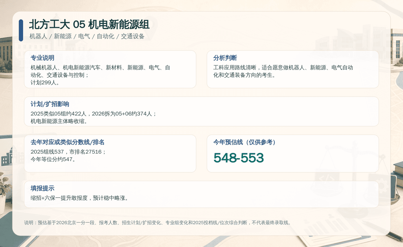 北方工大 05 机电新能源组决策卡：包含专业说明、扩招影响、去年分数线与今年预估线。