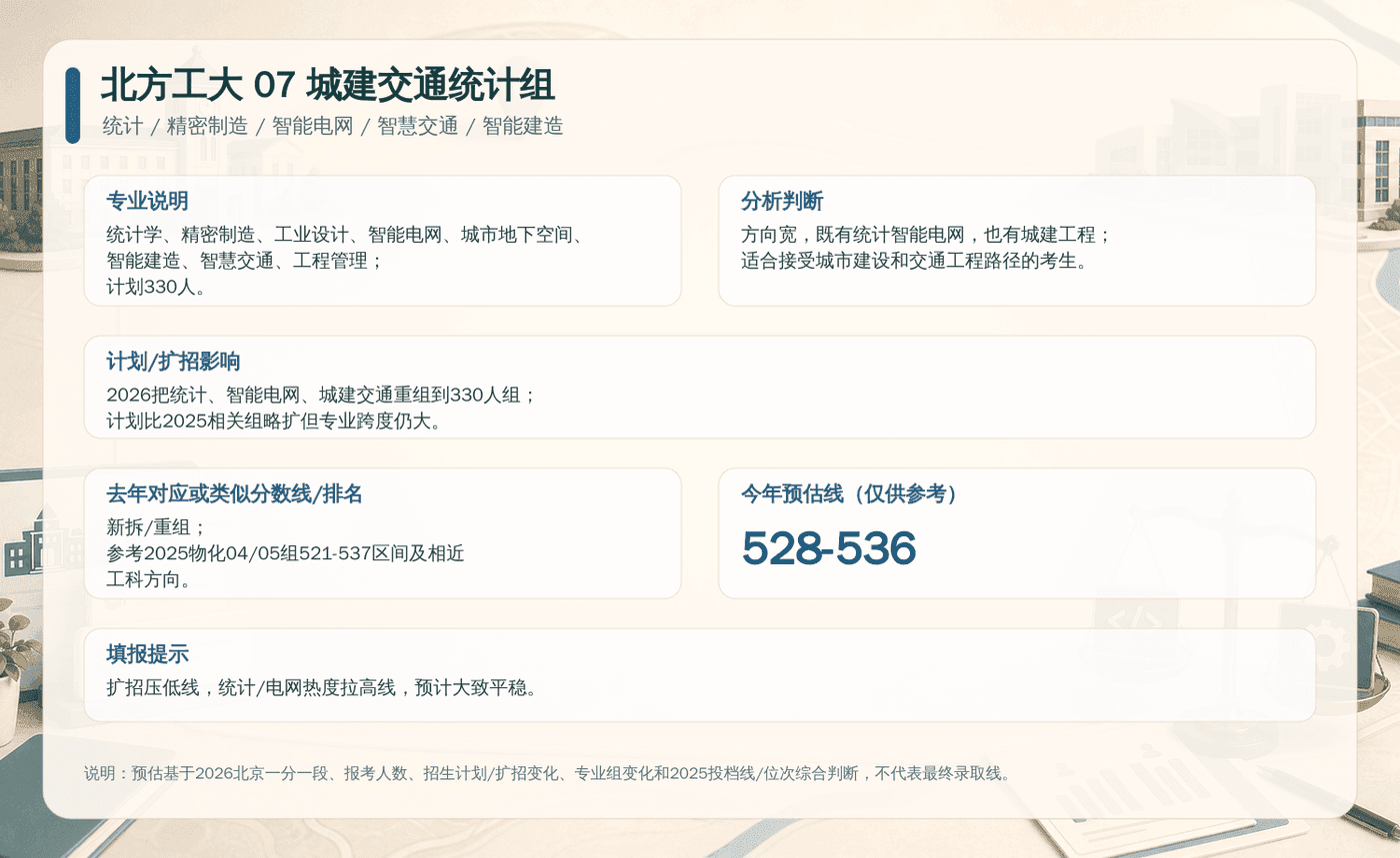 北方工大 07 城建交通统计组决策卡：包含专业说明、扩招影响、去年分数线与今年预估线。