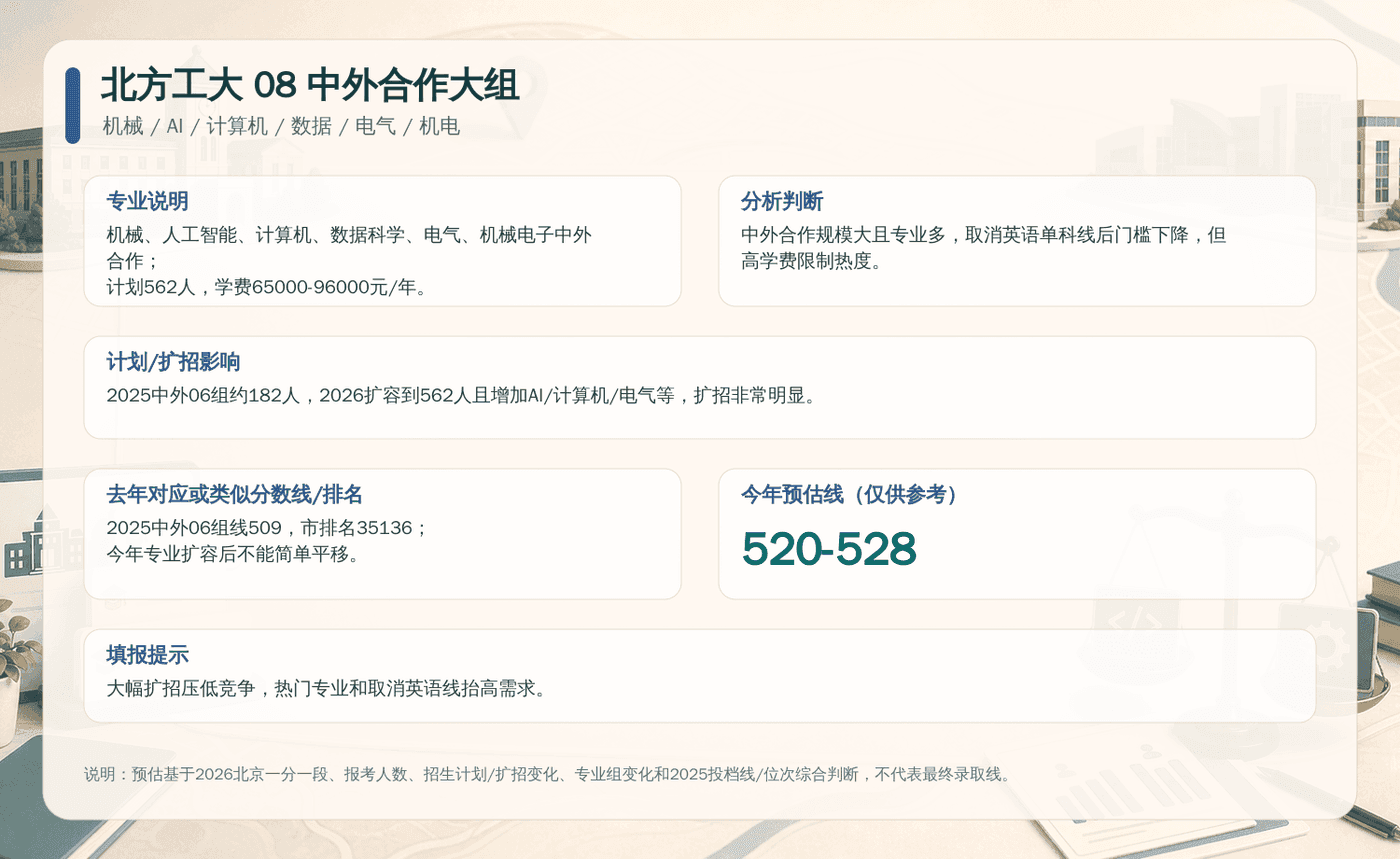 北方工大 08 中外合作大组决策卡：包含专业说明、扩招影响、去年分数线与今年预估线。
