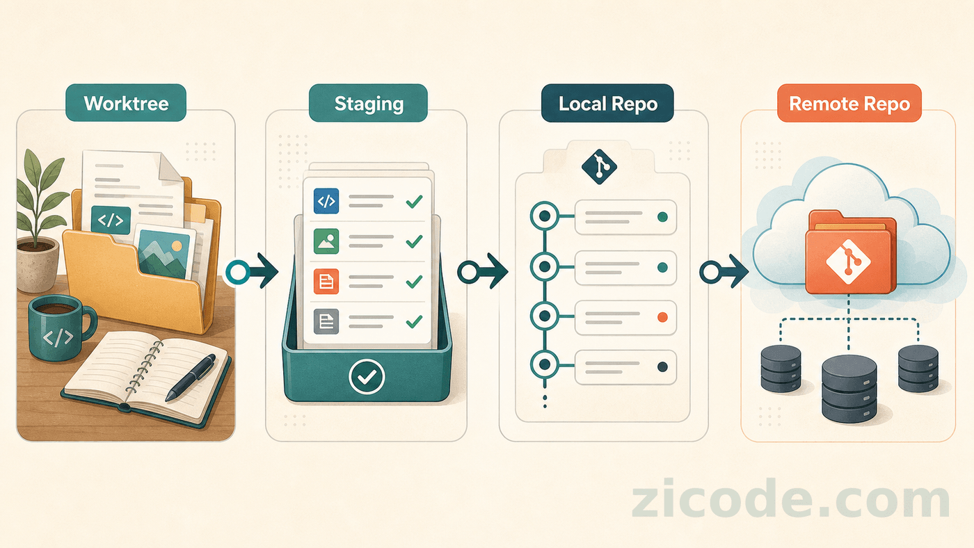 Git mental model: worktree, staging area, local repository, remote repository