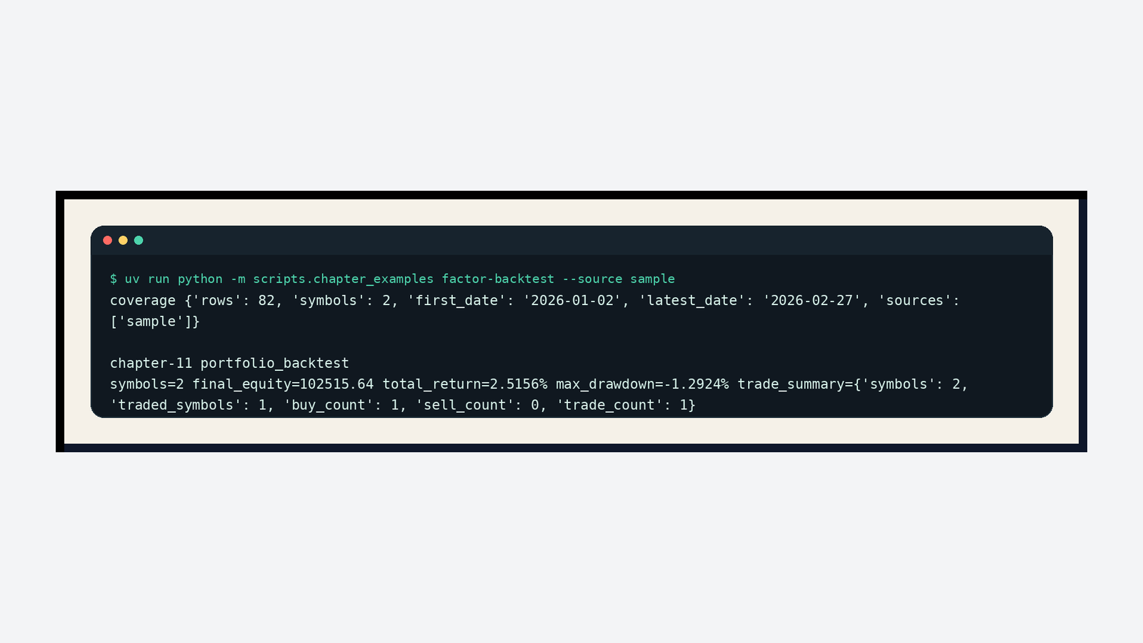 Real run screenshot for the article 11 portfolio backtest