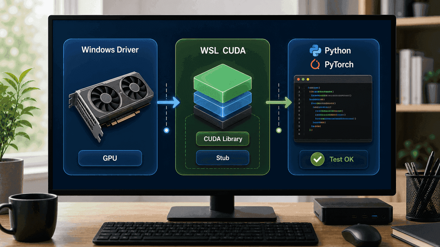 Windows driver, WSL CUDA library, and Python/PyTorch call chain
