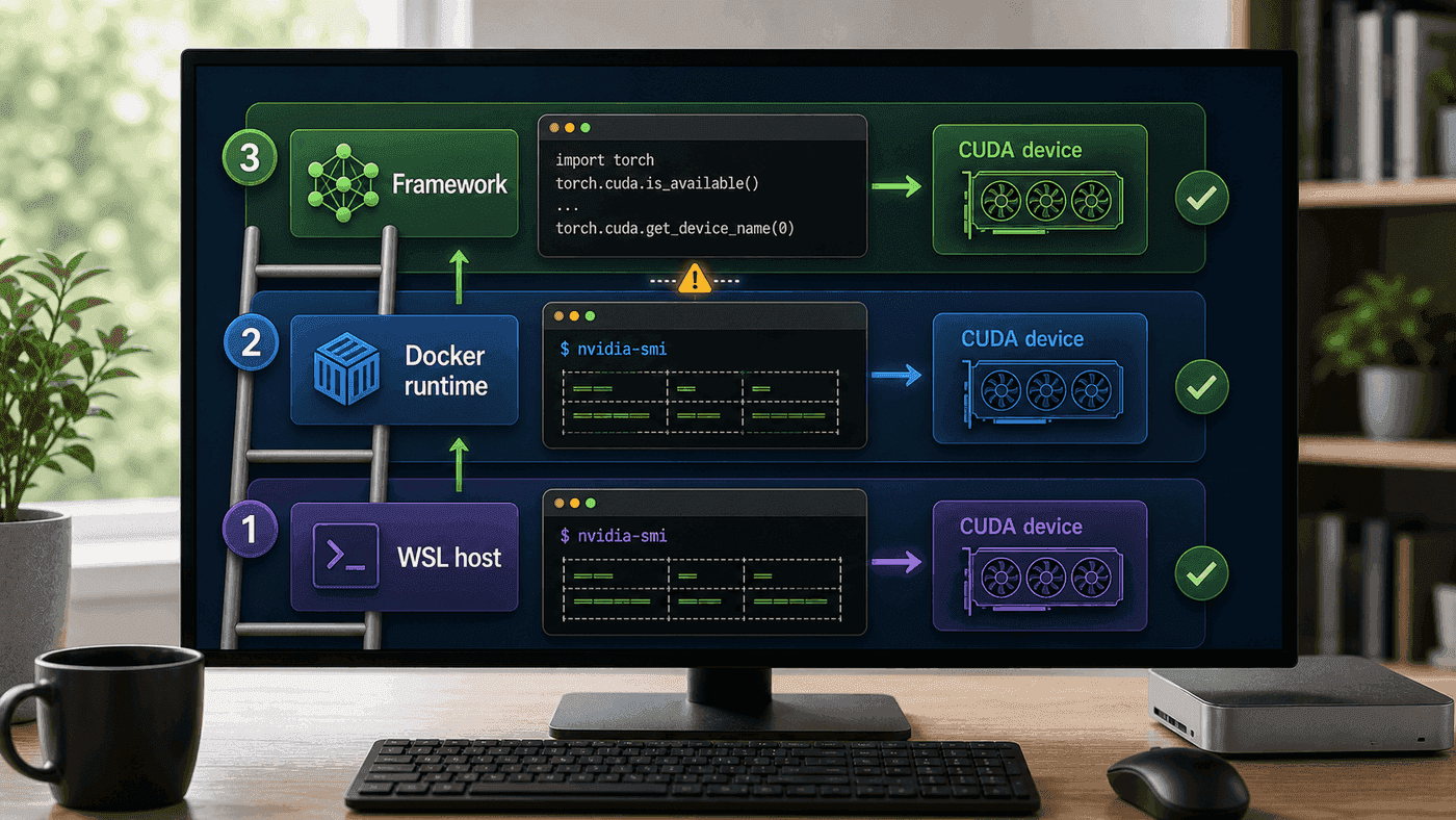 Three GPU debugging layers: WSL host, Docker runtime, and framework device