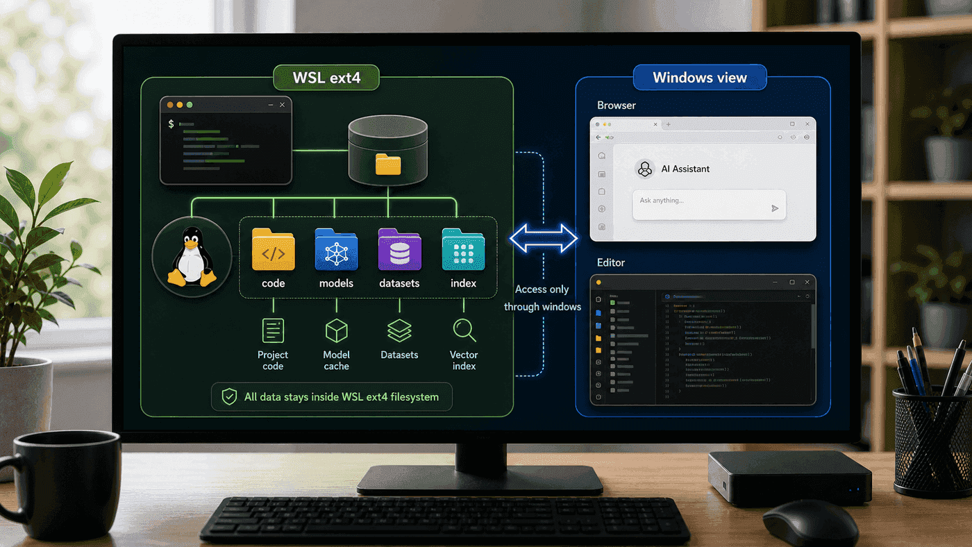 Code, model cache, datasets, and indexes stay in the WSL ext4 filesystem