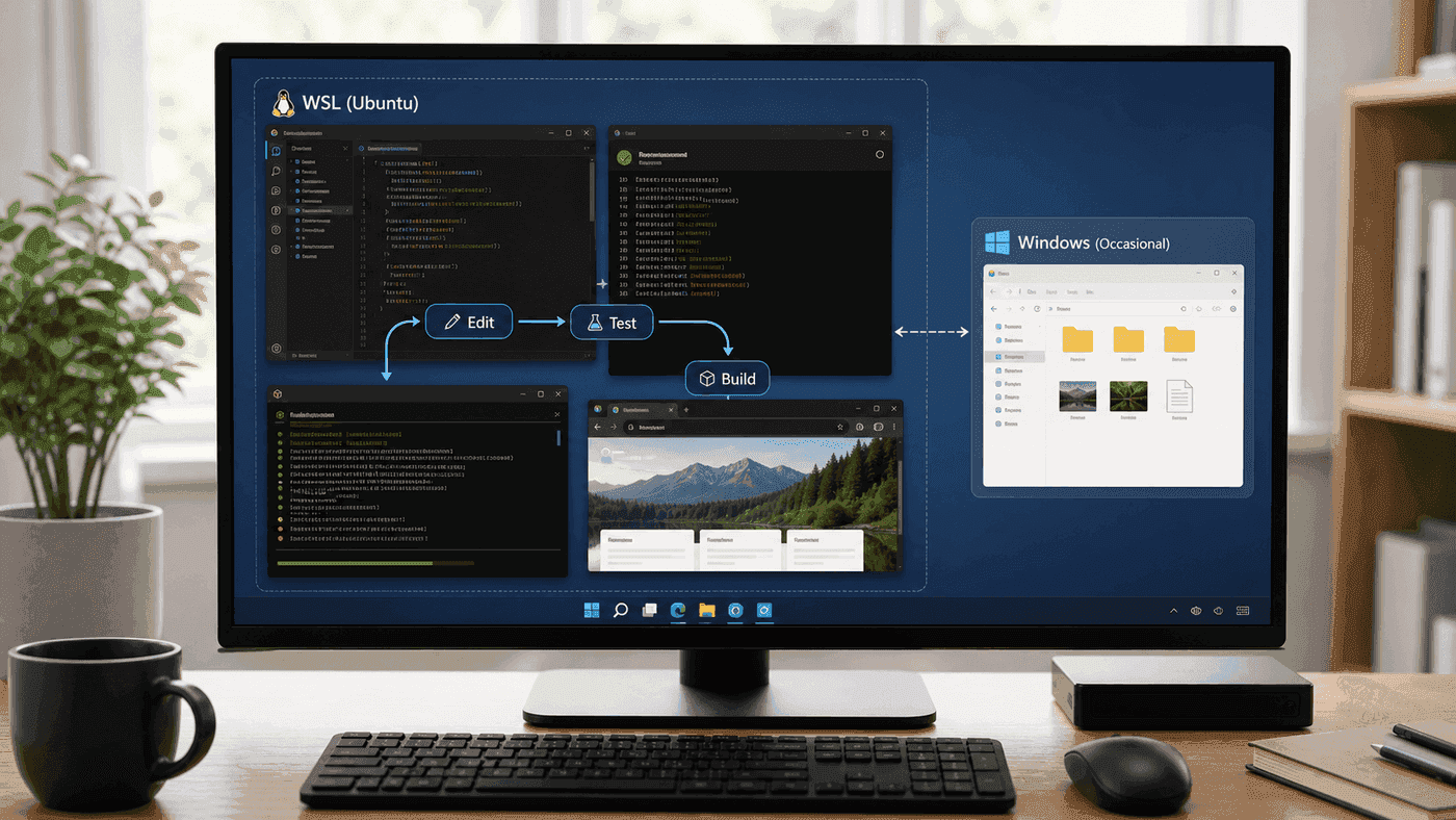 Keep editing, building, and testing in WSL; cross the boundary only for viewing and sharing