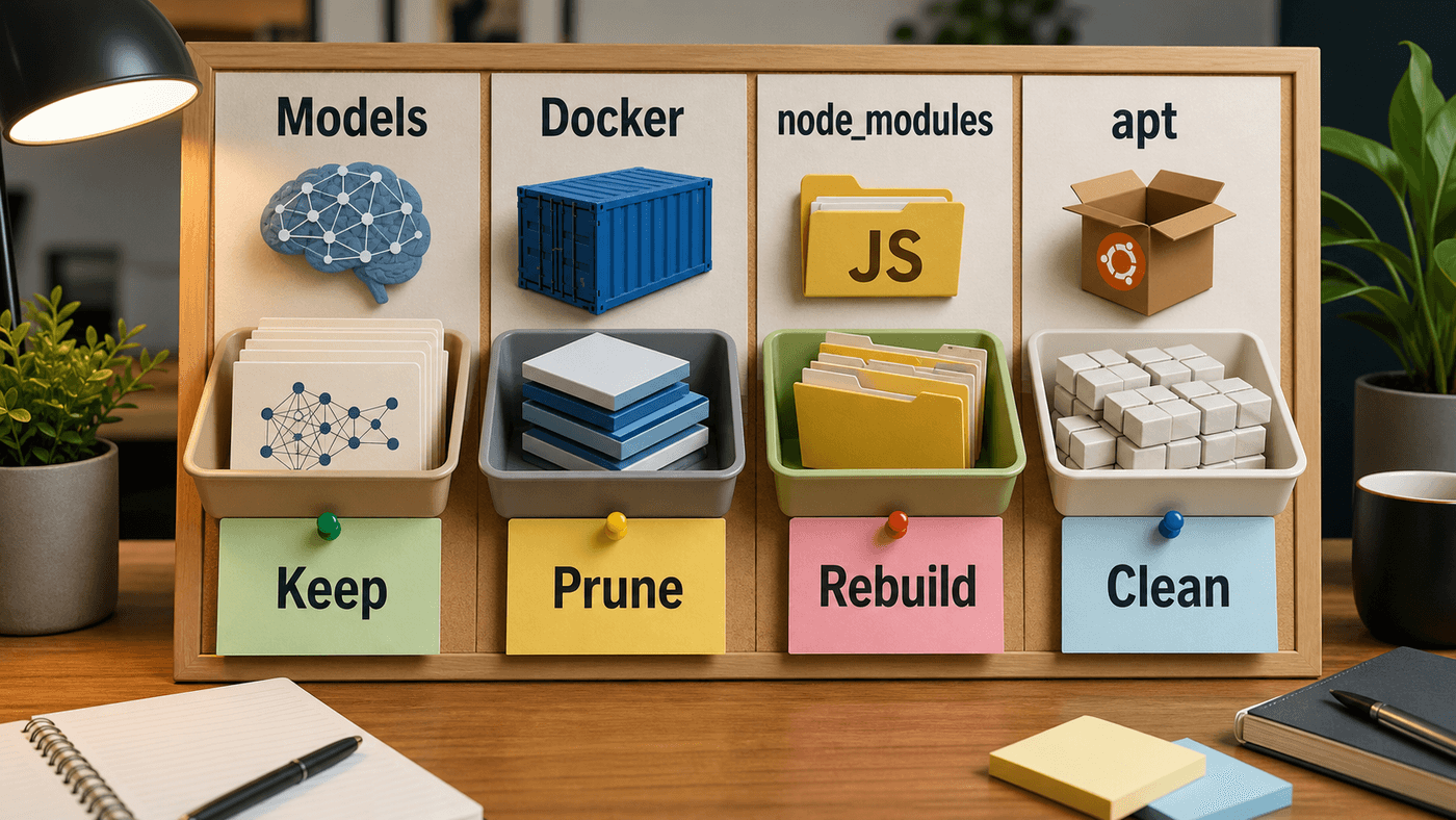 Treat model caches, Docker images, node_modules, and apt caches separately