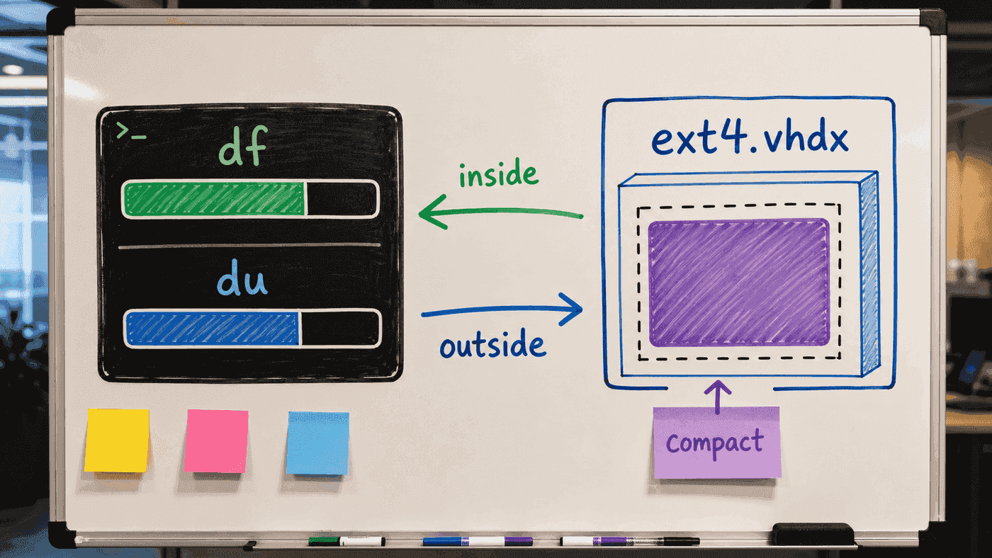 Linux df/du and the Windows ext4.vhdx file size are two different views