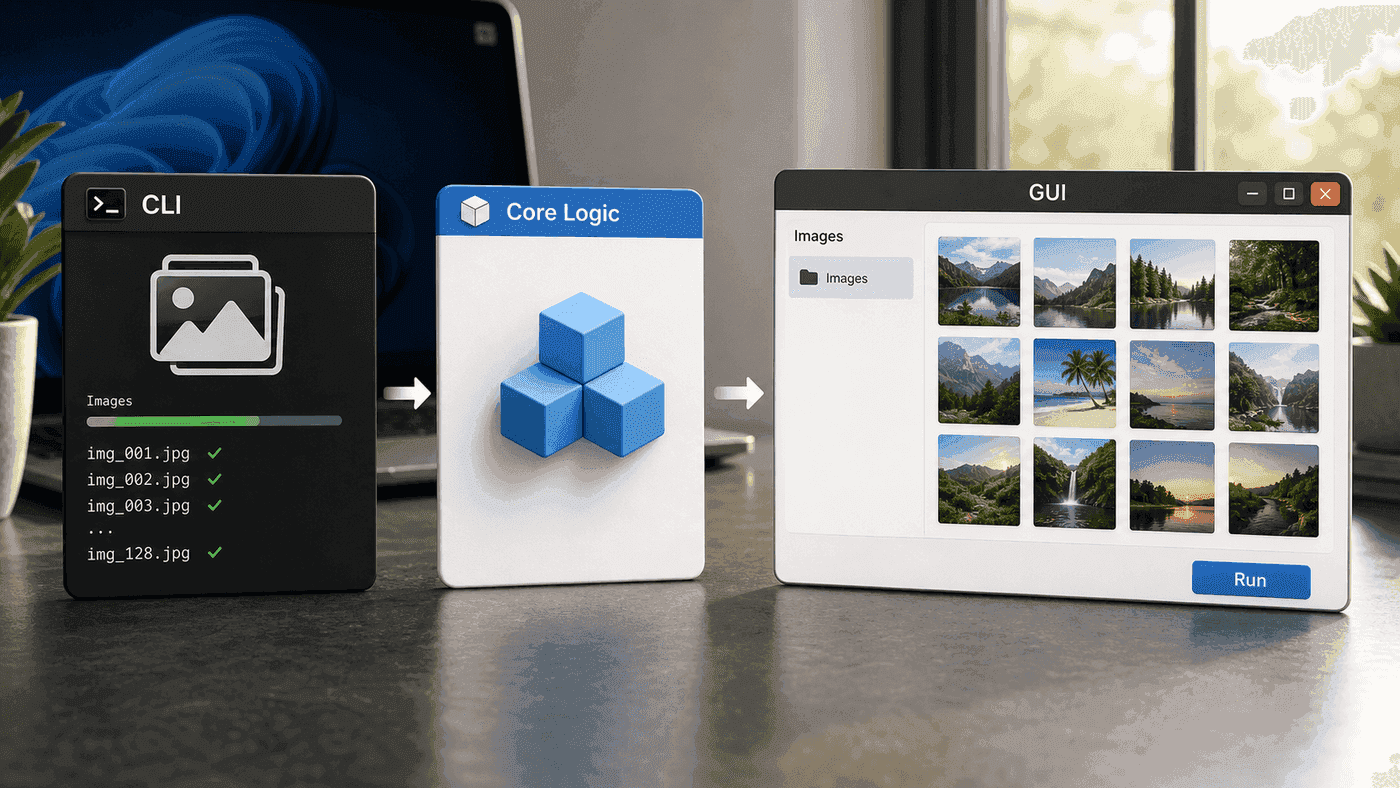 An image batch-processing tool evolves from CLI script to GUI while core logic stays independent