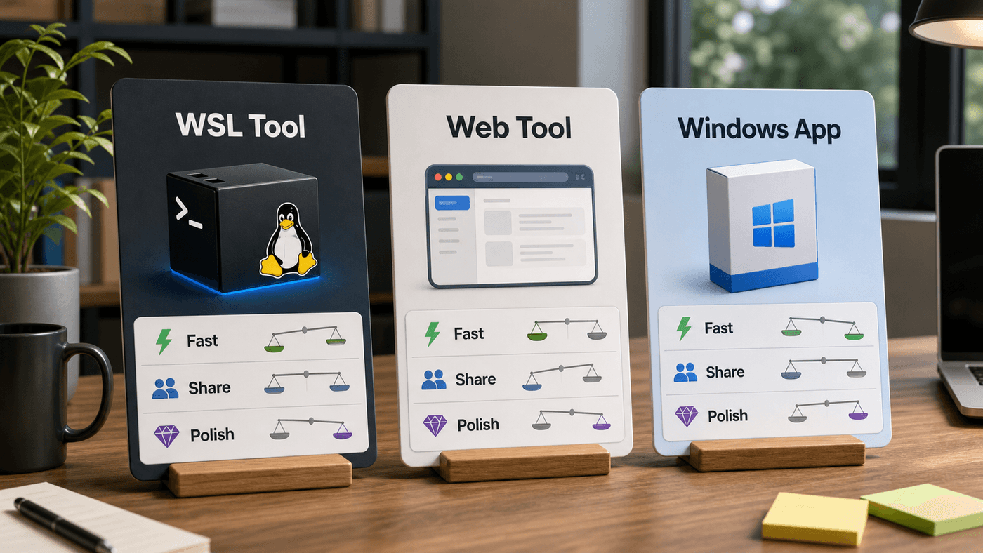 Tradeoffs among internal WSL tools, Web tools, and native Windows applications