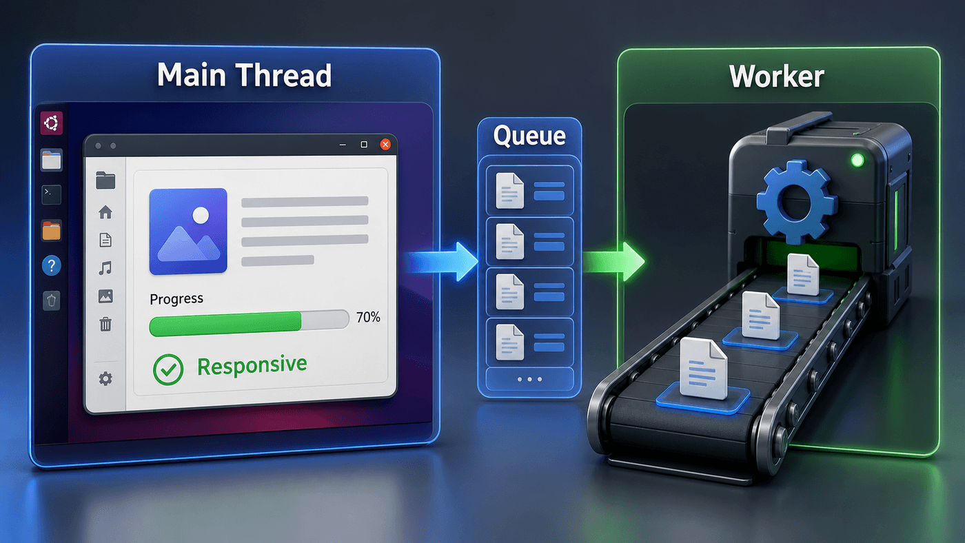 Keep the GUI thread responsive while a worker handles slow work and reports progress