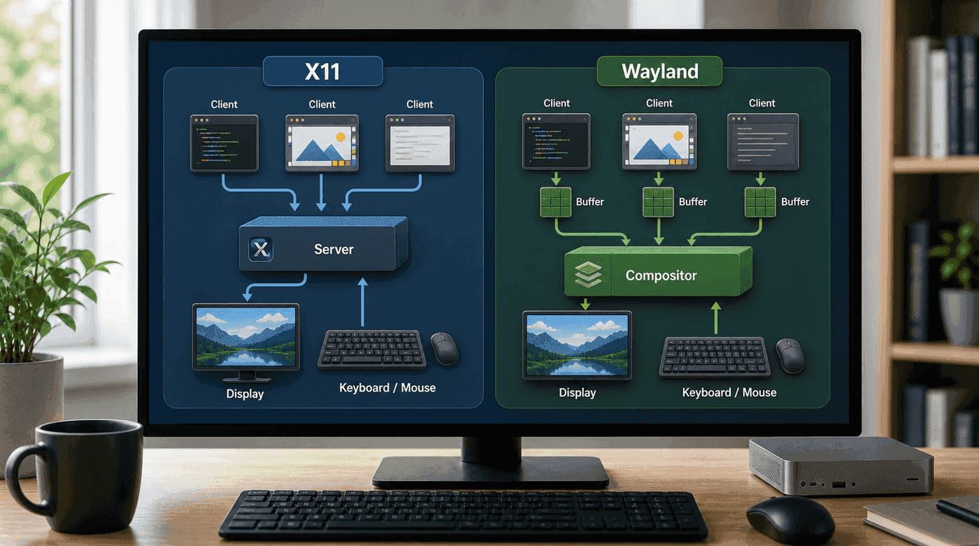 X11 server/client model compared with Wayland compositor/buffer model